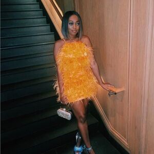 Orange mini feather dress